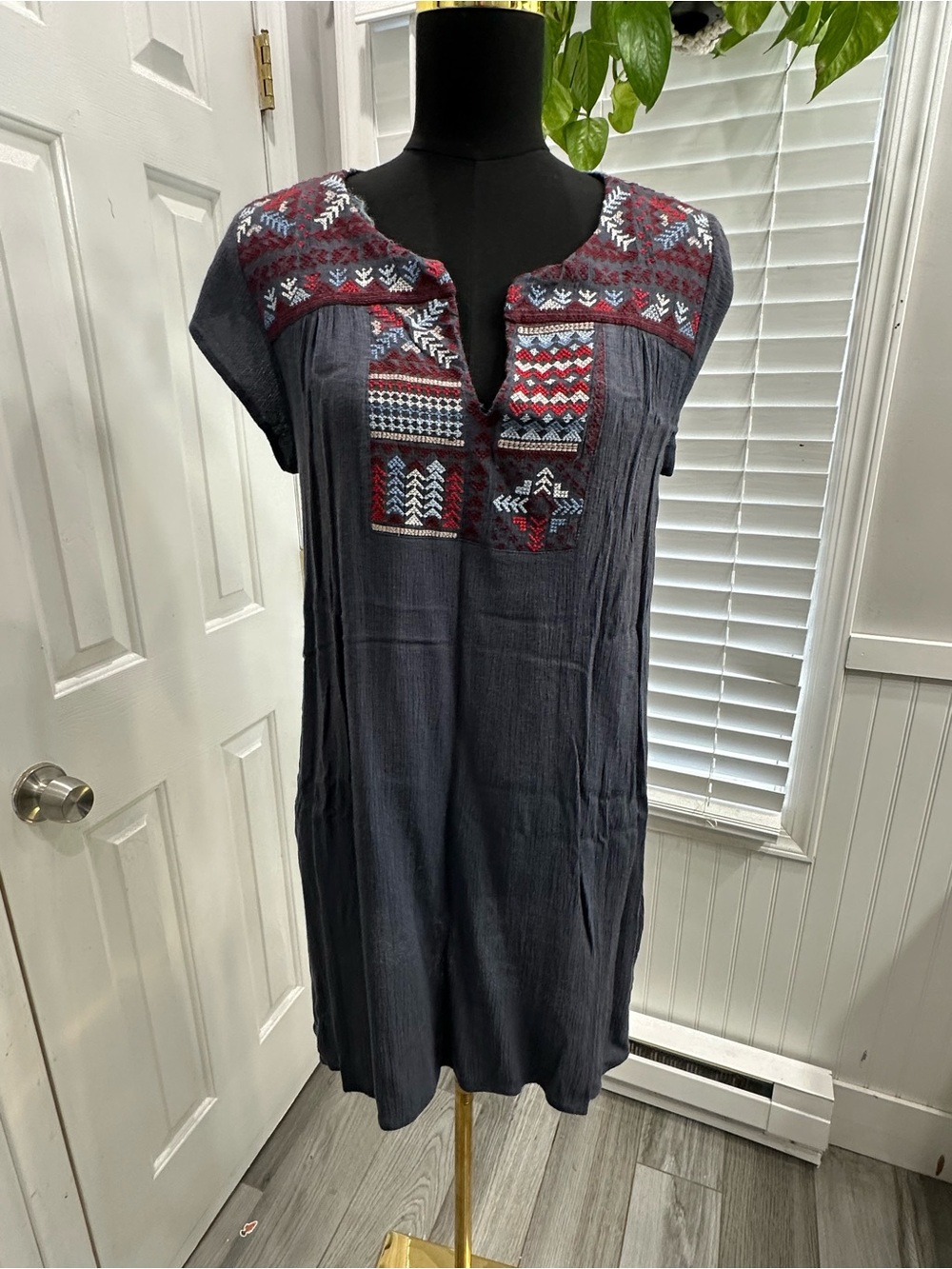 lovestitch Navy Midi Dress with Red & White Embroidery